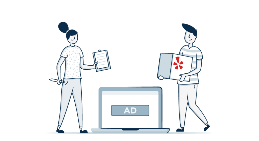 女人带着清单欢迎男人带着带有Yelp标志的盒子把Yelp添加到他们的广告程序中