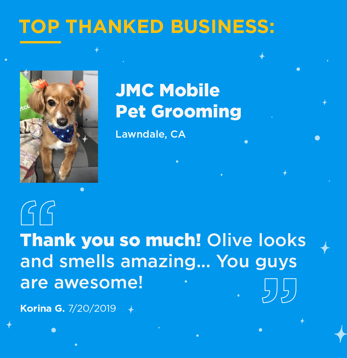 图片显示了Yelp上最受欢迎的企业。JMC Mobile Pet Grooming CA“非常感谢!橄榄树看起来和闻起来都很棒……你们太棒了!”-Korina G, 7/20/2019