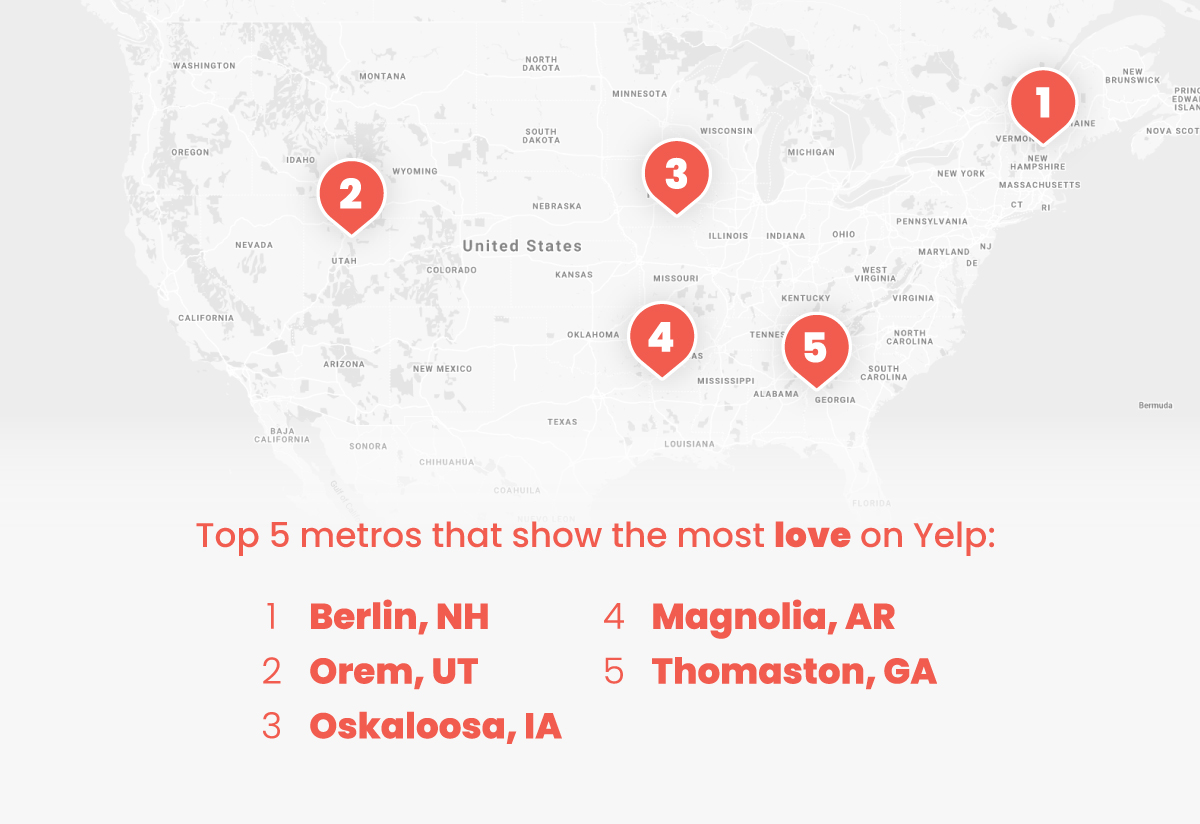 地图显示在Yelp上最能表达爱意的前5个地铁:柏林，NH Orem, UT Oskaloosa, IA Magnolia, AR Thomaston, GA